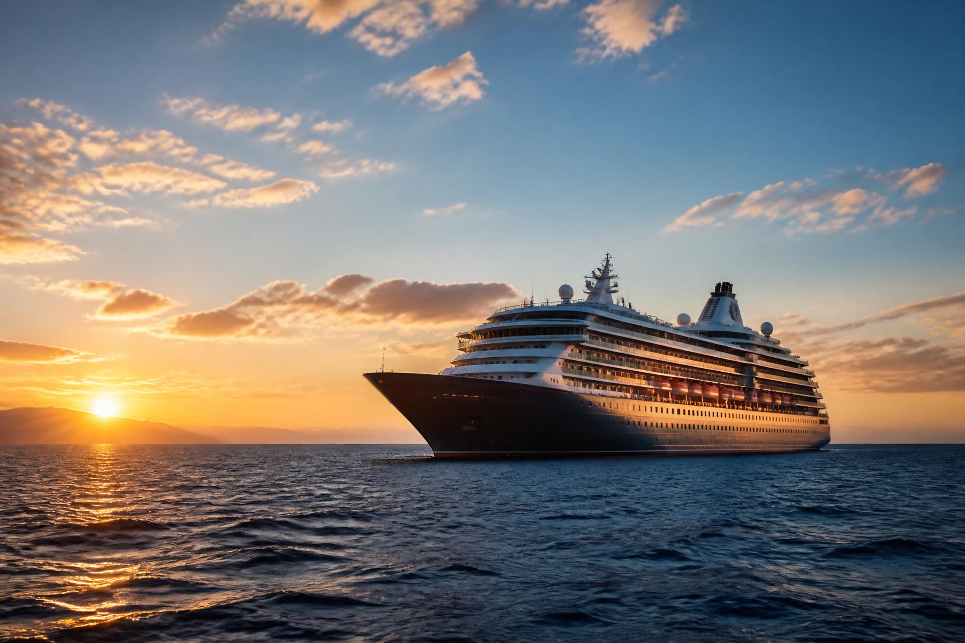 Luxury cruise ship sailing on open ocean at golden hour