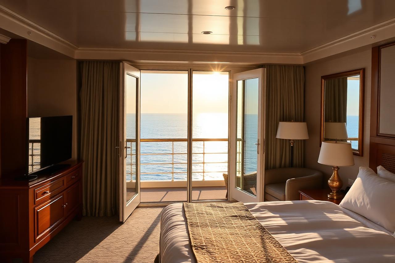 Cruise ship stateroom with balcony doors open to a calm ocean at sunrise