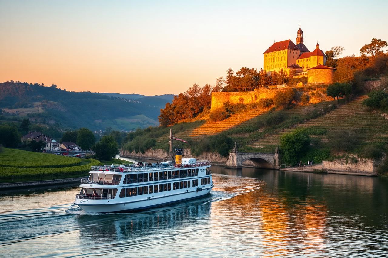River cruise ship sailing past vineyard terraces and a hilltop castle at golden hour